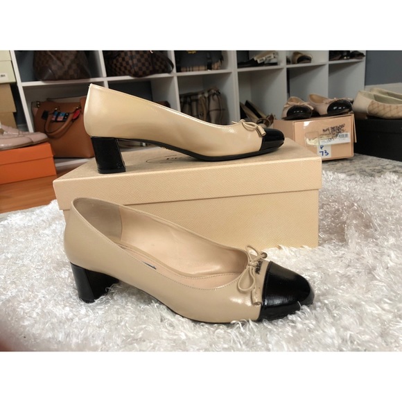 Prada Shoes - Prada Vernice Nude Saffiano Block Heel Pumps